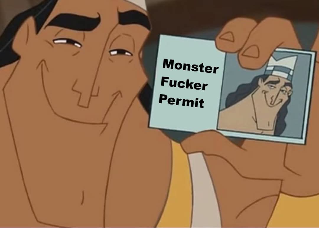 A cartoon man with a smug expression holds up a document labeled 'Monster Fucker Permit' featuring his own smiling photo…