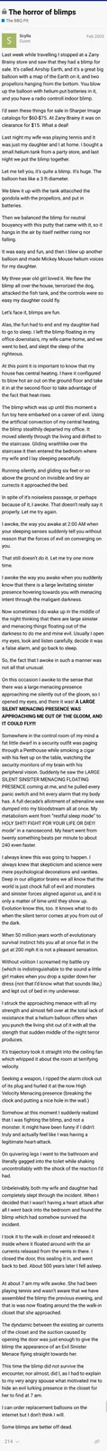 This image displays a screenshot of a 2003 forum post titled 'The horror of blimps' from 'The BBQ Pit'. The post, by user…