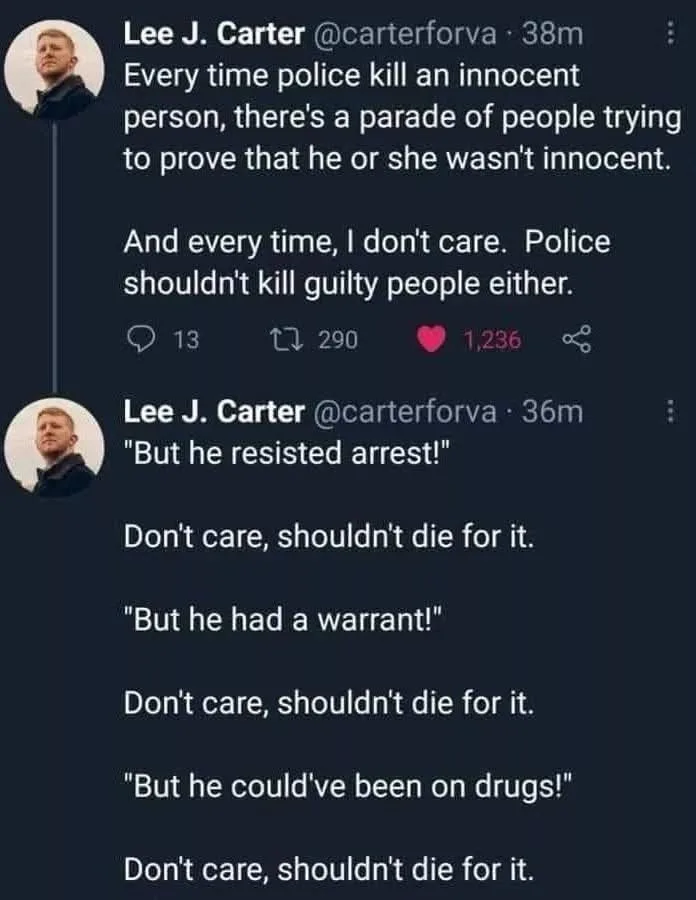 A screenshot of a Twitter thread by Lee J. Carter showing a defiant stance against police killings, where the user…