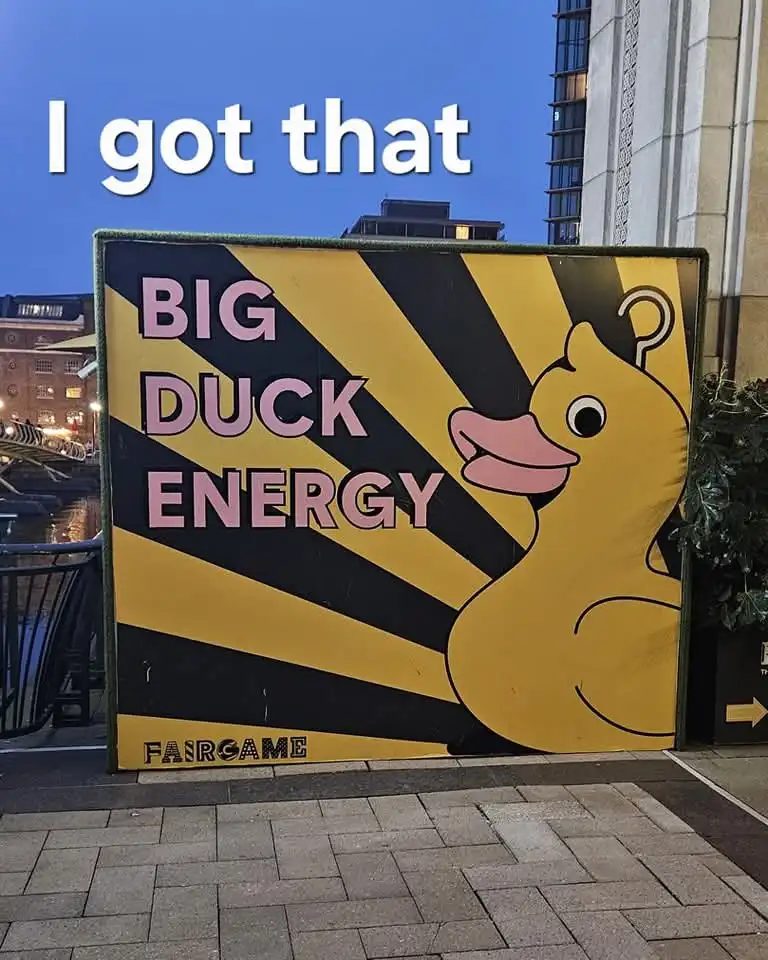 An outdoor sign features a cartoon yellow rubber duck with a question mark above its head, set against a black and yellow…