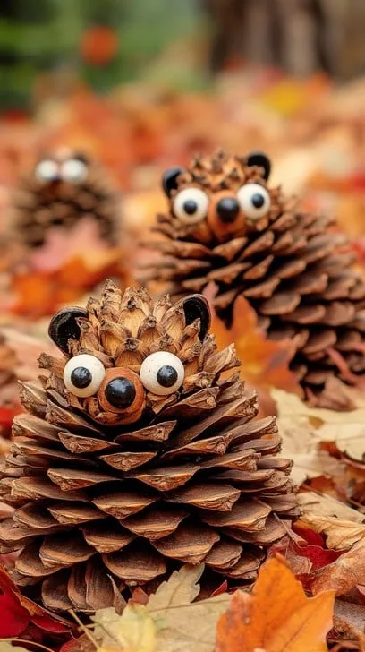 Three pinecones decorated with googly eyes and black felt ears are arranged in a row on a bed of autumn leaves. The…