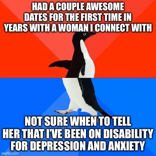 A penguin stands in a split-screen image with a red top half and blue bottom half. White bold text in the top half reads…