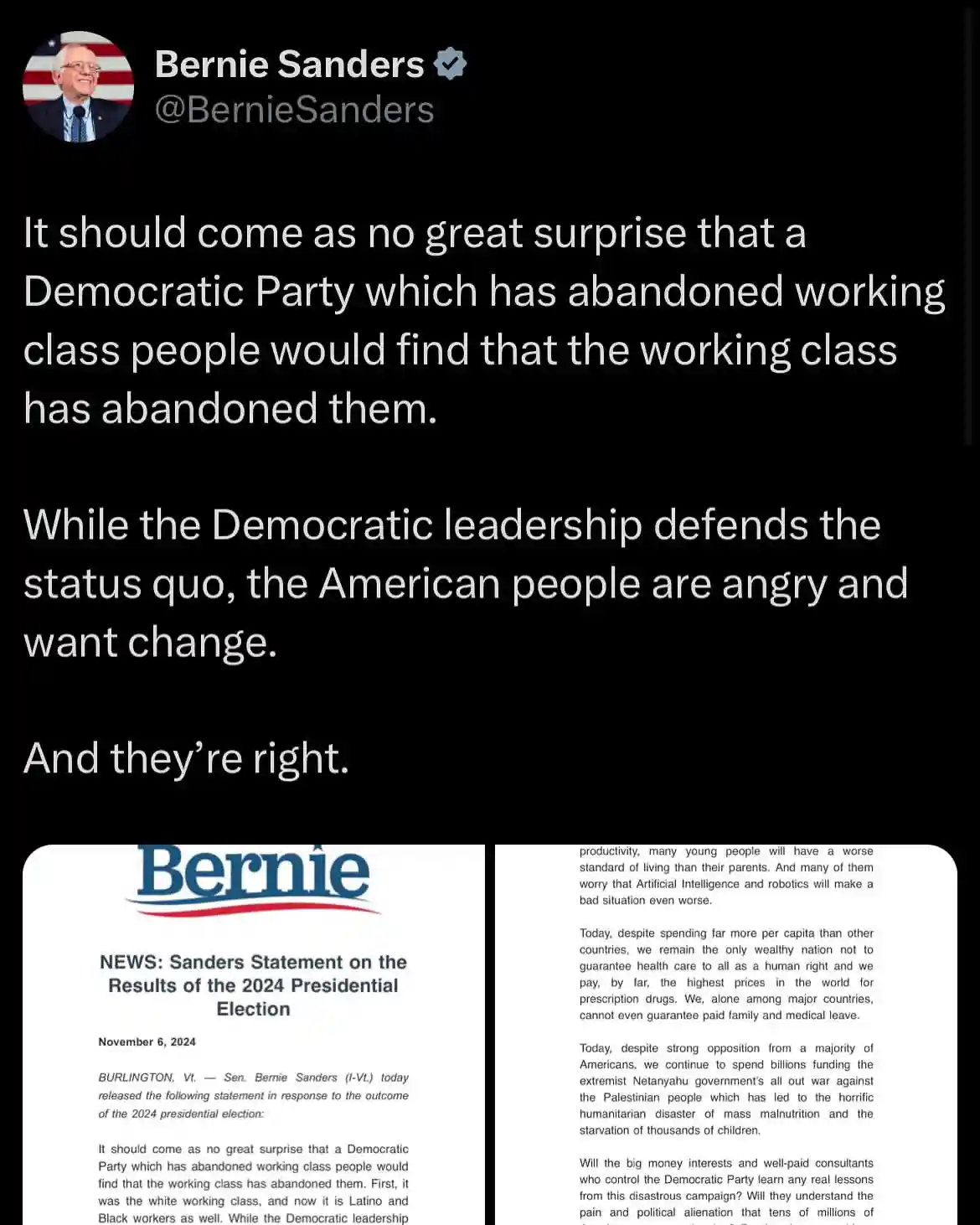 A screenshot of a tweet from Bernie Sanders' verified account showing his statement about the 2024 election results. The…