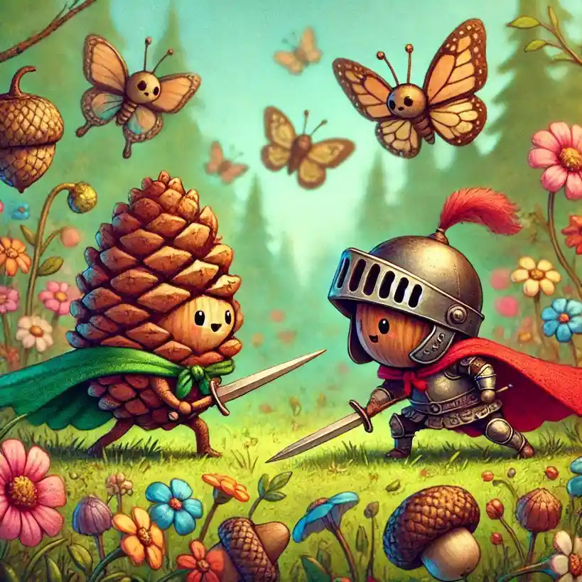 Two anthropomorphic characters, a pinecone wearing a green cape and a knight in full armor with a red cape, face each other…