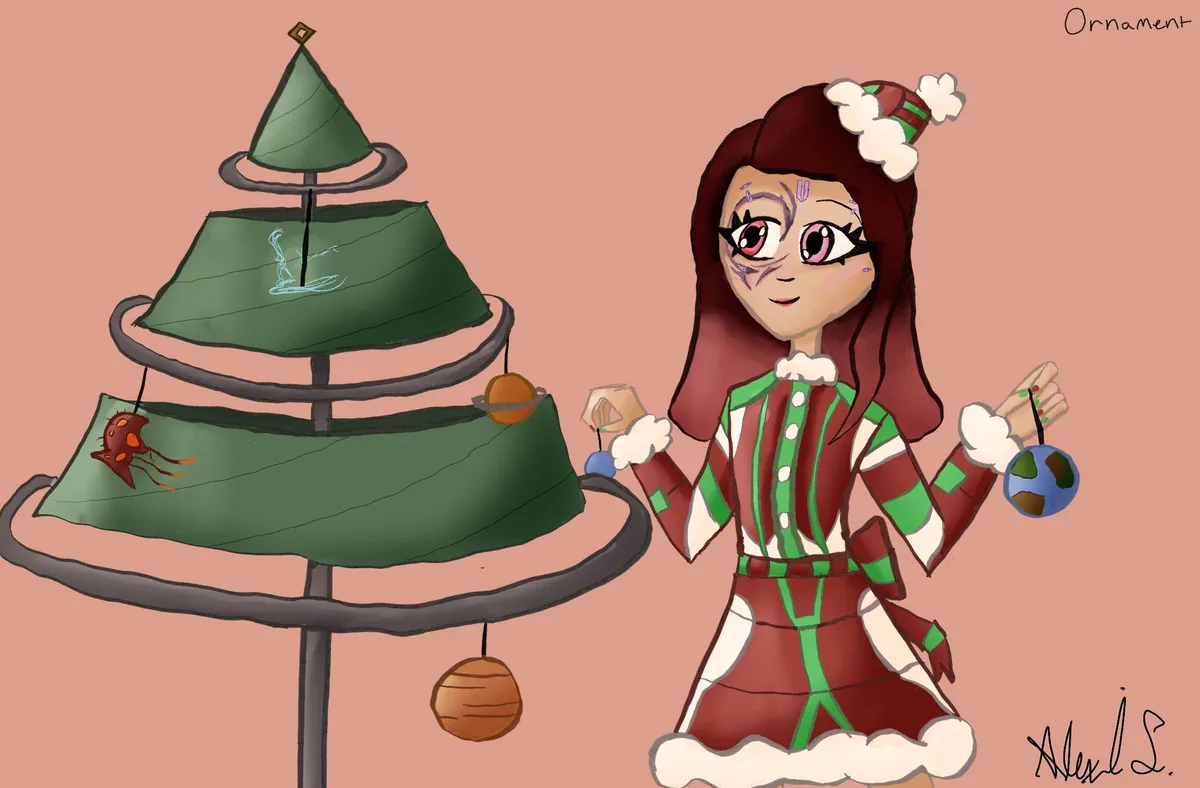 A cartoon girl in a red and green holiday outfit stands beside a stylized, tiered Christmas tree with various planet-like…