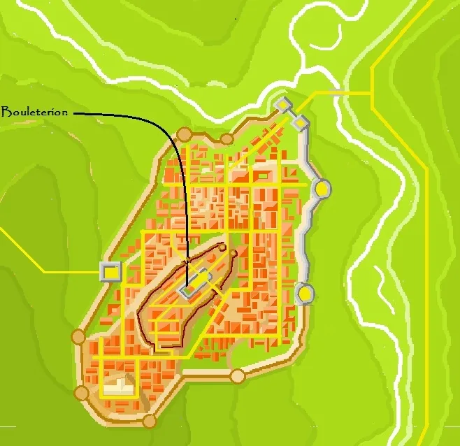 A stylized map of a walled city with a curved black arrow pointing from the label 'Bouleterion' to a specific building…