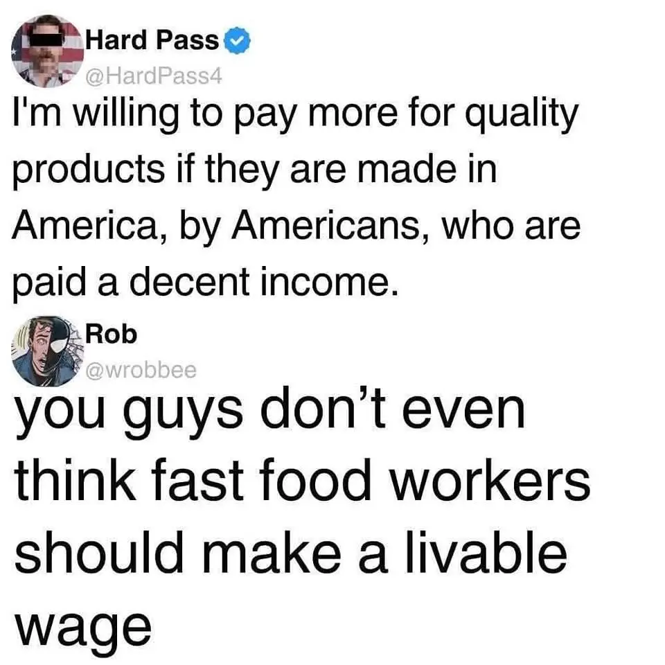 A screenshot of a Twitter thread shows user 'Hard Pass' stating they're willing to pay more for American-made products with…