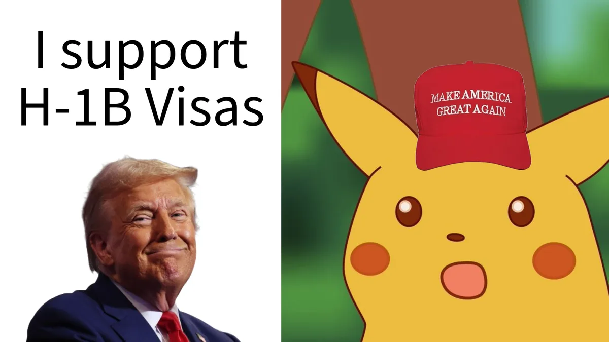The image is split: left side shows Donald Trump smiling with text 'I support H-1B Visas' above him, right side shows…