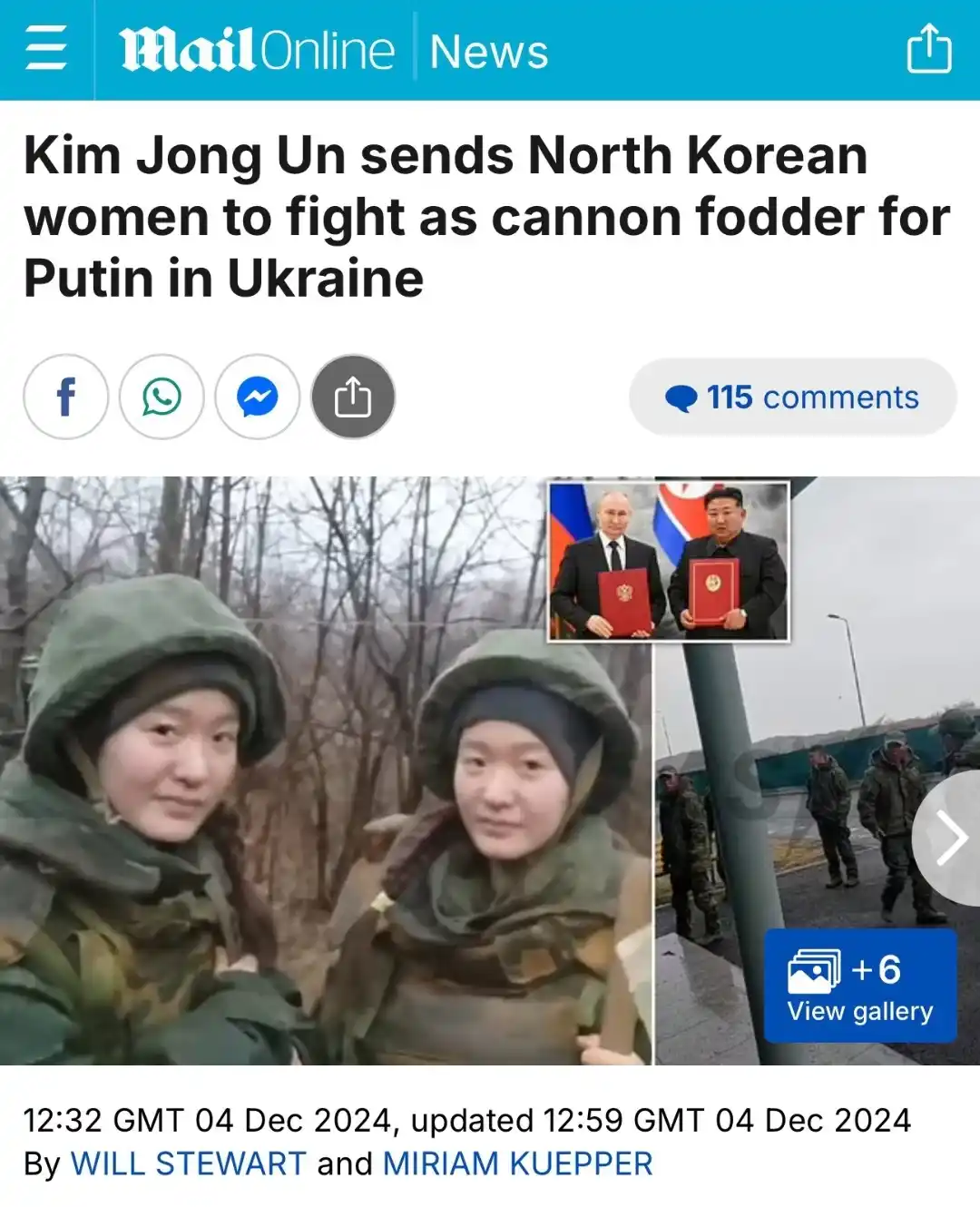 A screenshot of a MailOnline news article with a headline claiming Kim Jong Un sends North Korean women to fight as cannon…