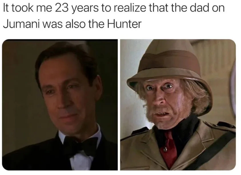 The image displays two side-by-side stills from the movie Jumanji. The left panel shows actor Robin Williams in a black…