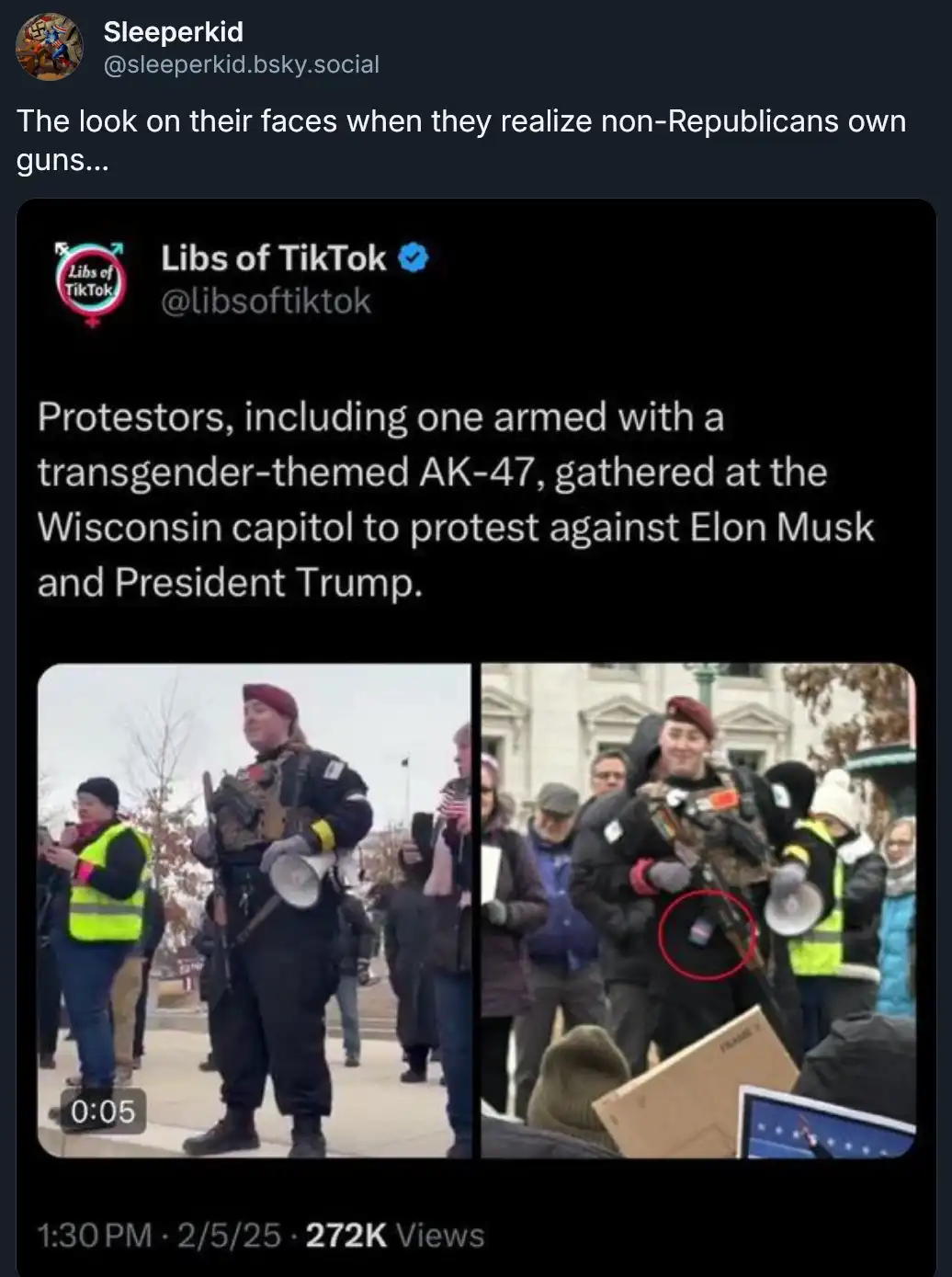 A screenshot of a TikTok video by 'Labs of TikTok' shows a person in protest gear holding a rifle, with a red circle…