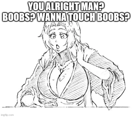 A black-and-white sketch of an anime-style woman with large breasts, wearing a revealing top, looking shocked or flustered…