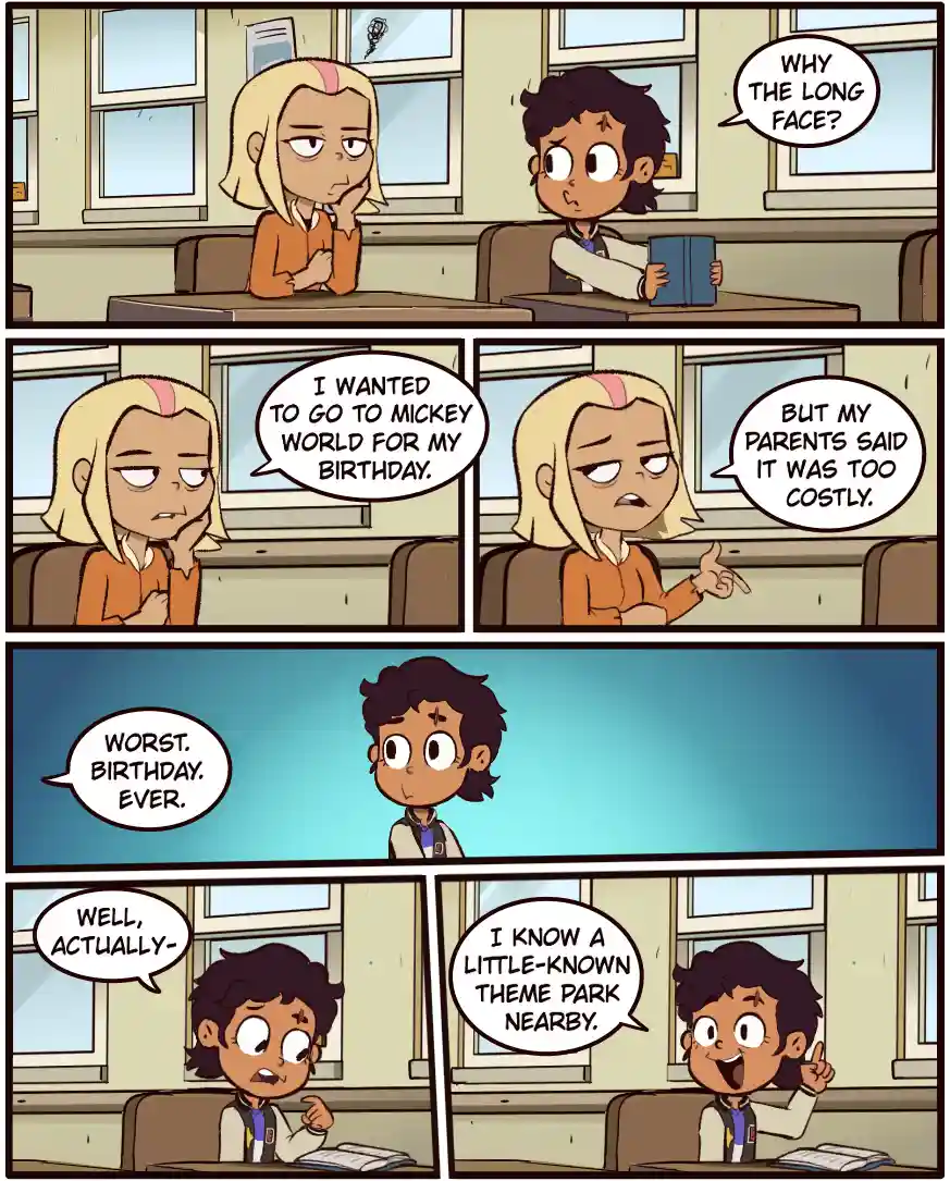 A comic strip shows a sad girl explaining her parents denied her a trip to Mickey World for her birthday, calling it the…