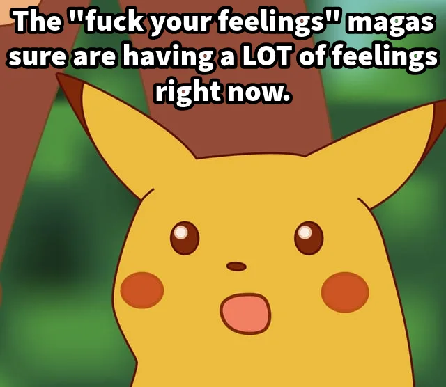 A close-up image of Pikachu with a surprised expression, mouth open and eyes wide, set against a blurred green and brown…