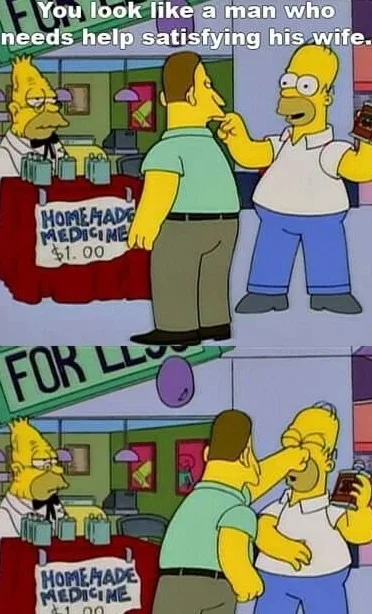 Two-panel meme from The Simpsons. Top panel: Homer Simpson, in a white shirt and blue pants, holds a drink and points at a…