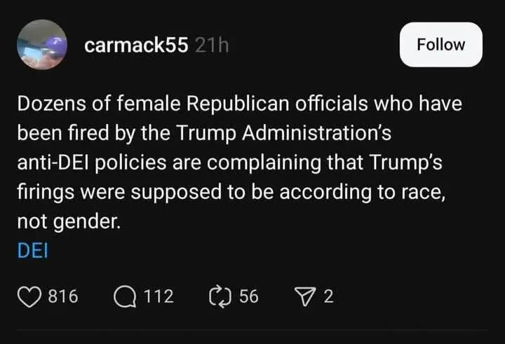 A screenshot of a social media post by user 'carmack55' showing a dark-themed interface with white text. The post states…