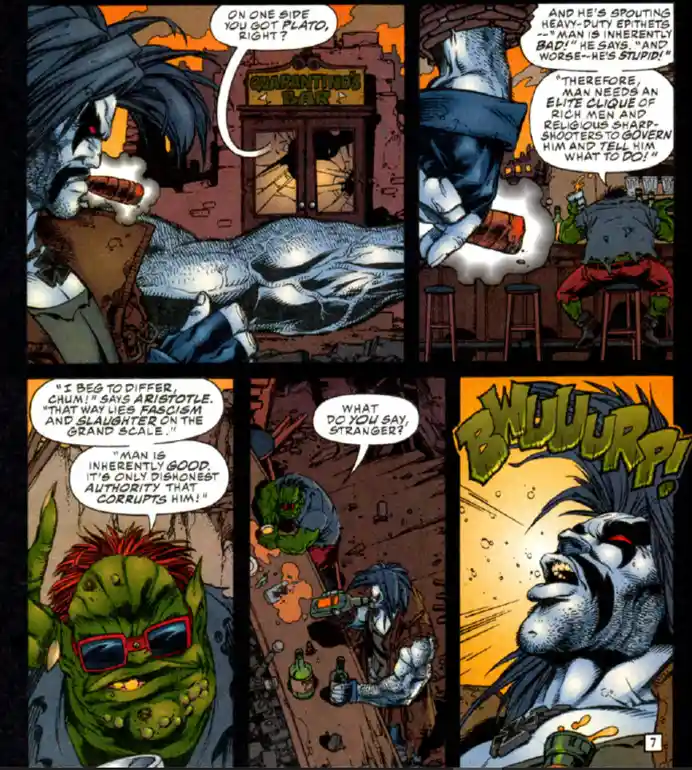A comic strip panel shows a blue-haired man smoking a cigar and arguing with a green-skinned, red-haired man wearing…