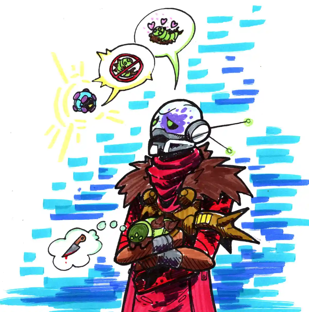 A cartoon character with a skull-like face, red scarf, and brown fur collar holds a green bug. Thought bubbles show a…