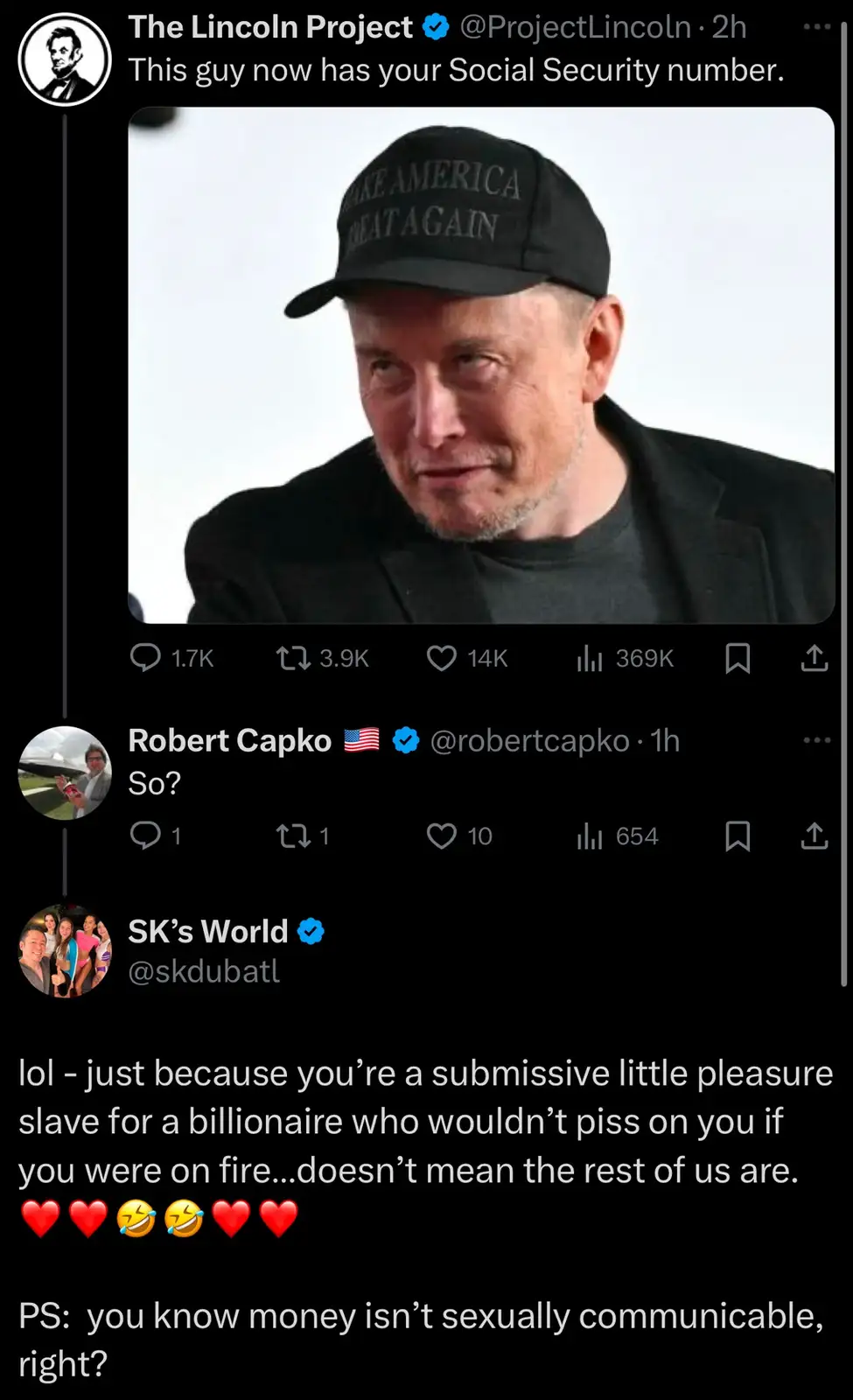 A screenshot of a Twitter thread shows a post by 'The Lincoln Project' featuring a photo of Elon Musk wearing a 'Make…