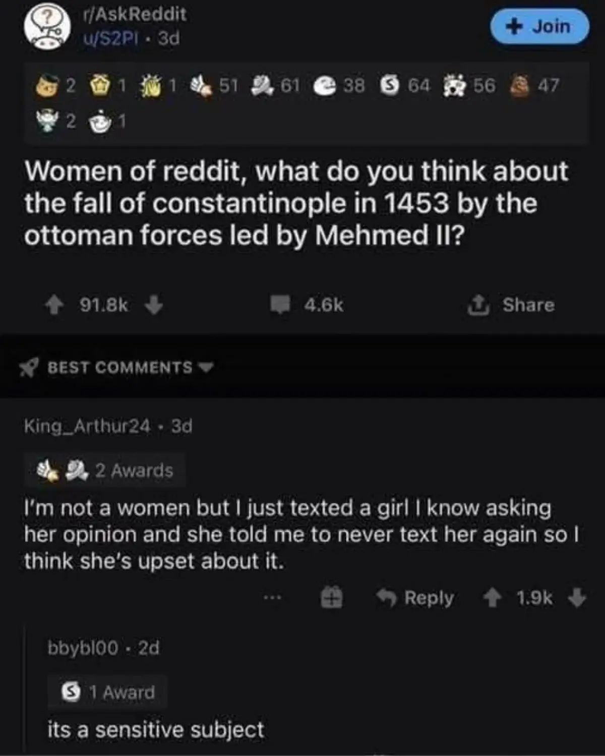 A screenshot of a Reddit post from r/AskReddit asking 'Women of reddit, what do you think about the fall of constantinople…