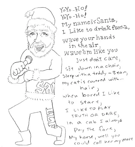 A hand-drawn black-and-white sketch of a man resembling Santa Claus, wearing a fuzzy hat and a sweater with a swastika…