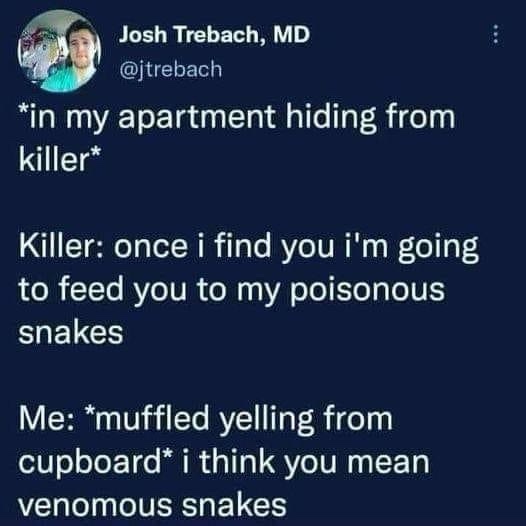 A screenshot of a tweet by Josh Trebach, MD, showing a humorous dialogue where a person hiding from a killer mishears…