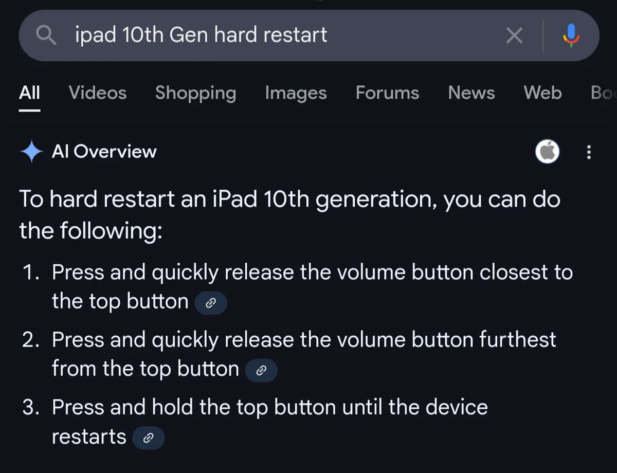 A screenshot of a Google search result for 'ipad 10th Gen hard restart' showing an AI Overview with step-by-step…