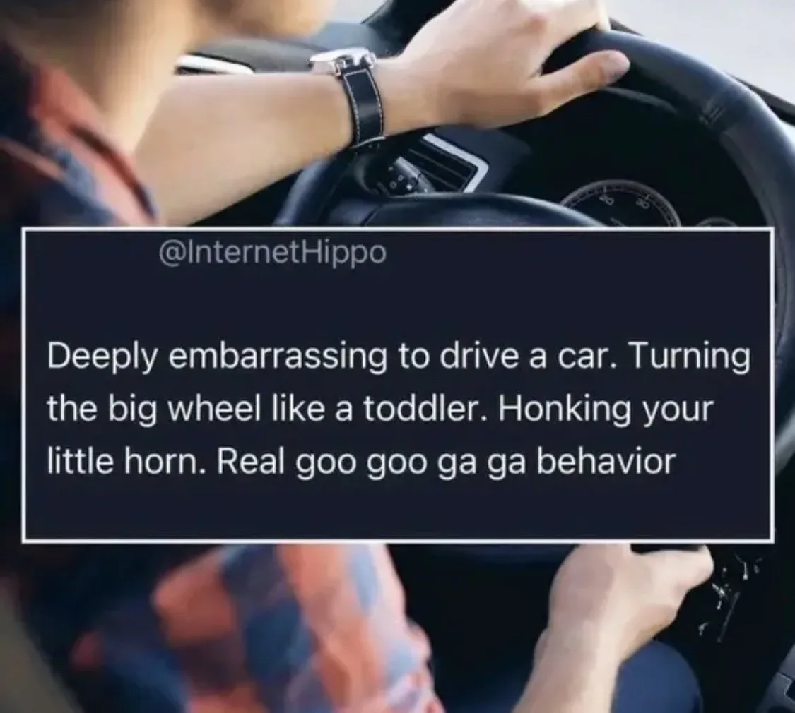 A person wearing a plaid shirt is shown from behind, gripping a car's steering wheel with both hands. A dark text box…
