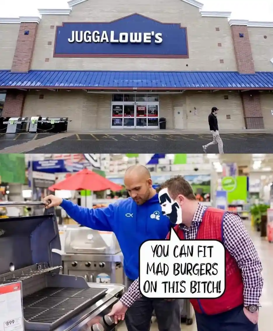 The top panel shows the exterior of a Juggalowes store with a person walking in the parking lot. The bottom panel shows two…