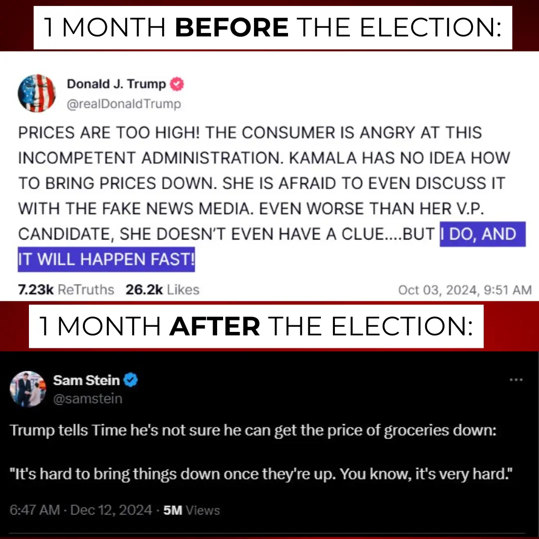 The image displays two Twitter posts side-by-side. The top post, dated October 2024, is a fictional tweet from Donald J…