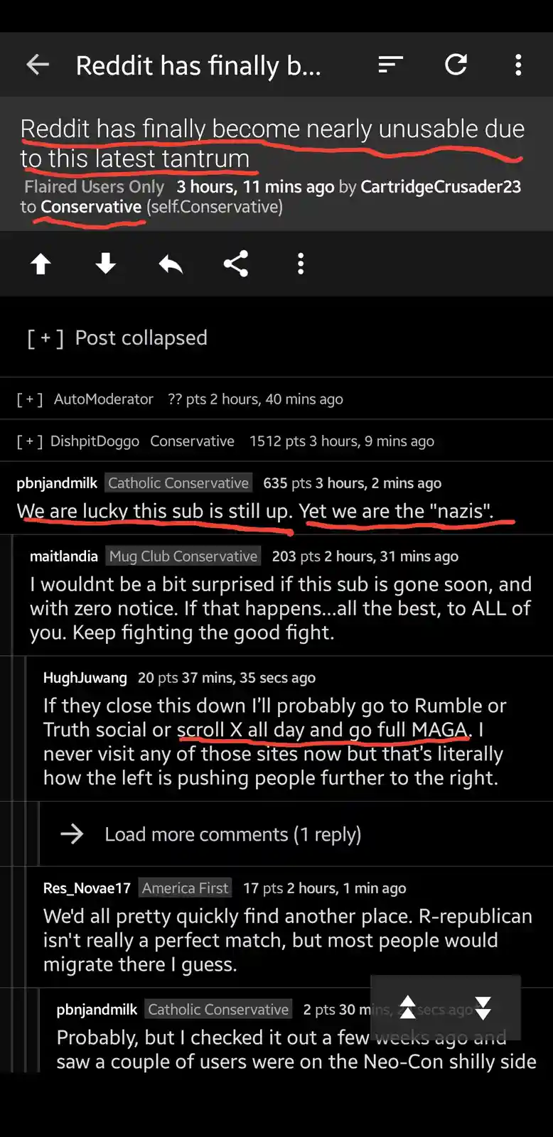 A screenshot of a Reddit thread in the 'Conservative' subreddit where users lament the platform's decline and their own…
