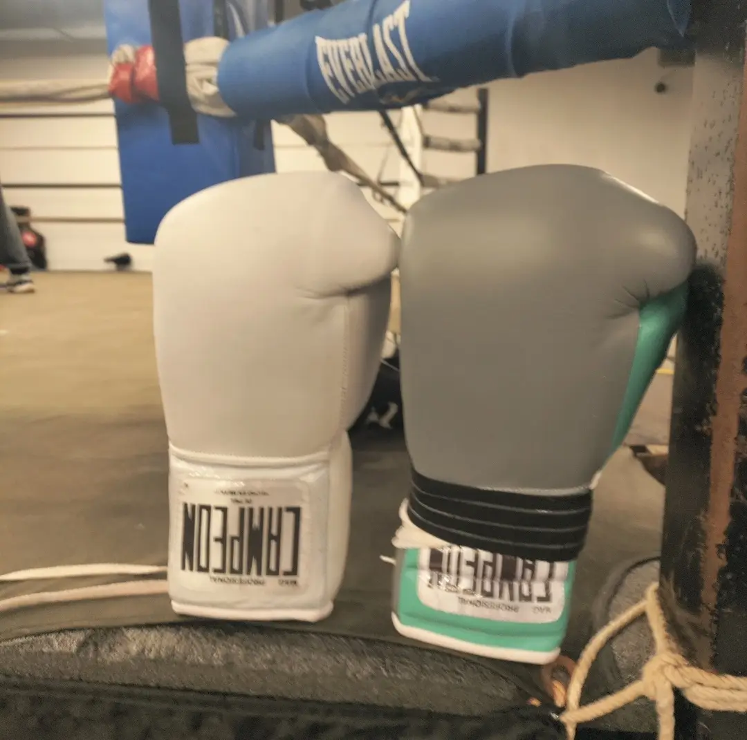 Two boxing gloves, one white and one gray with teal accents, sit side by side on a padded surface in a gym. The white glove…