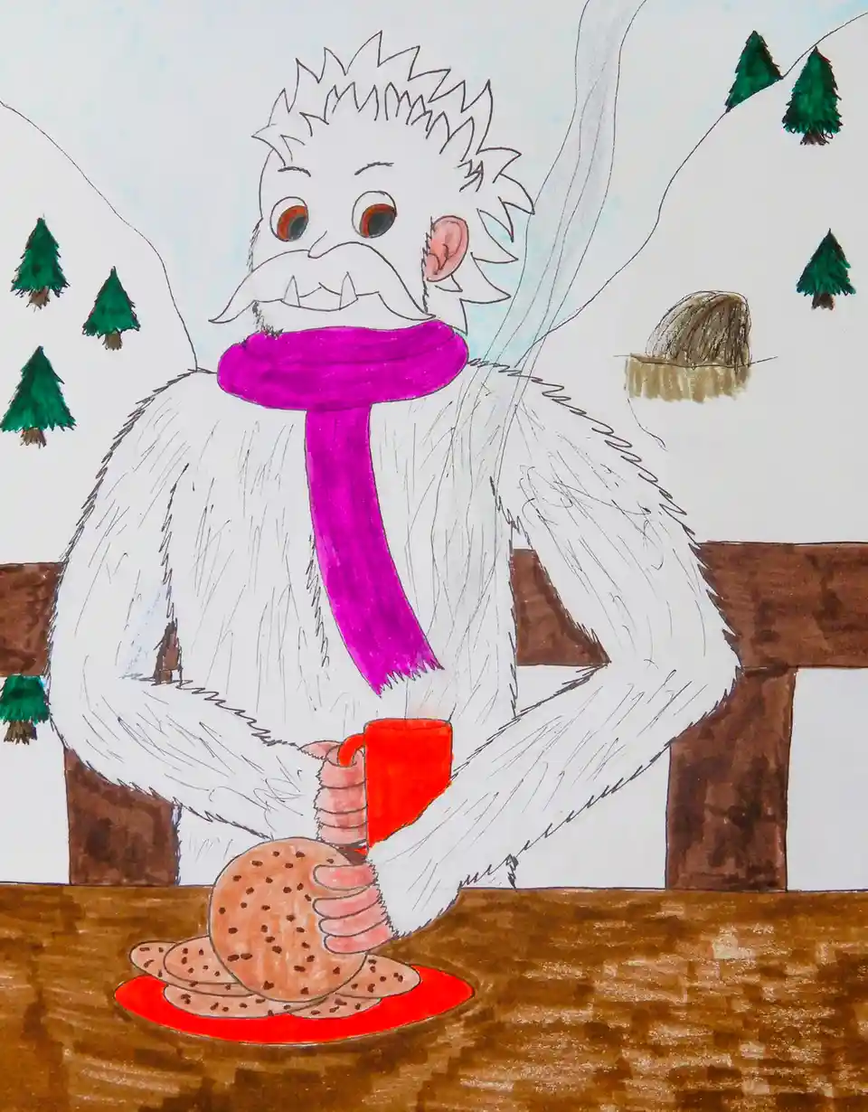 A hand-drawn illustration shows a large, friendly-looking white yeti with spiky hair and a pink scarf sitting at a wooden…