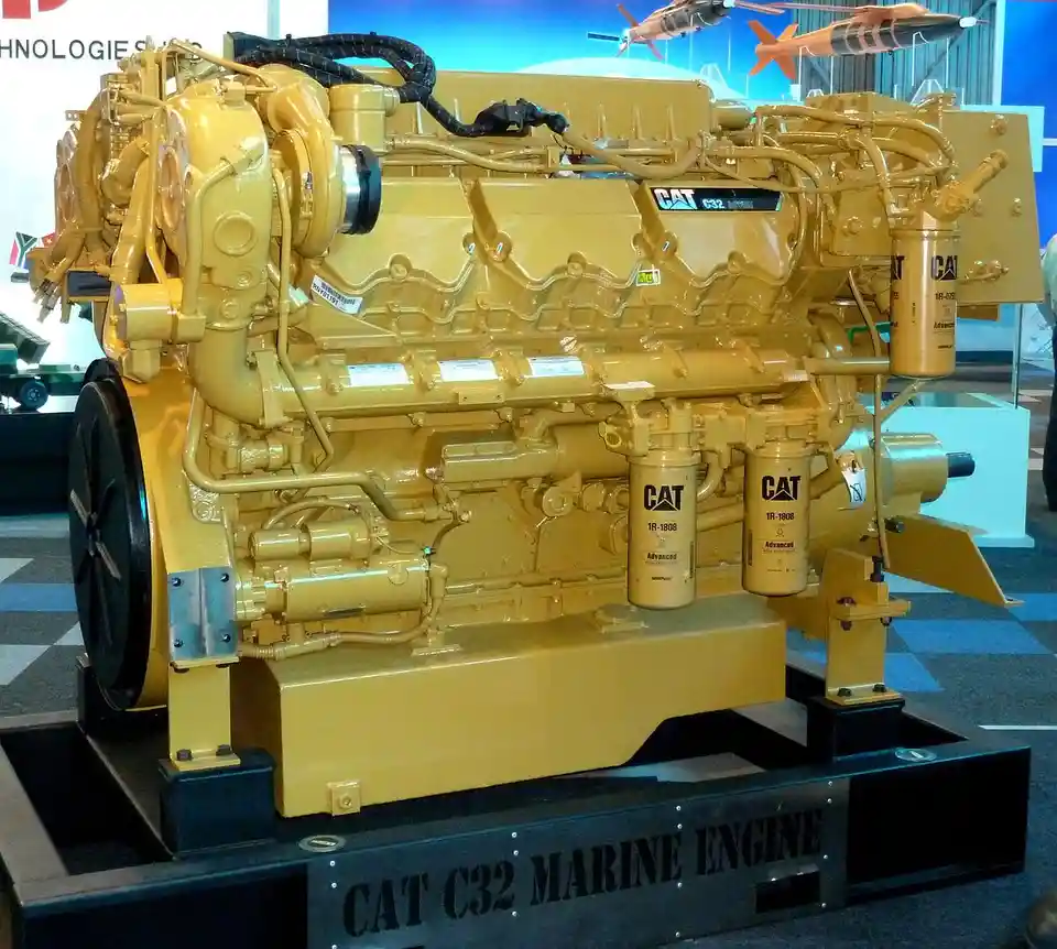 A large, yellow Caterpillar C32 marine engine is displayed on a black pedestal with its model name engraved. The engine has…