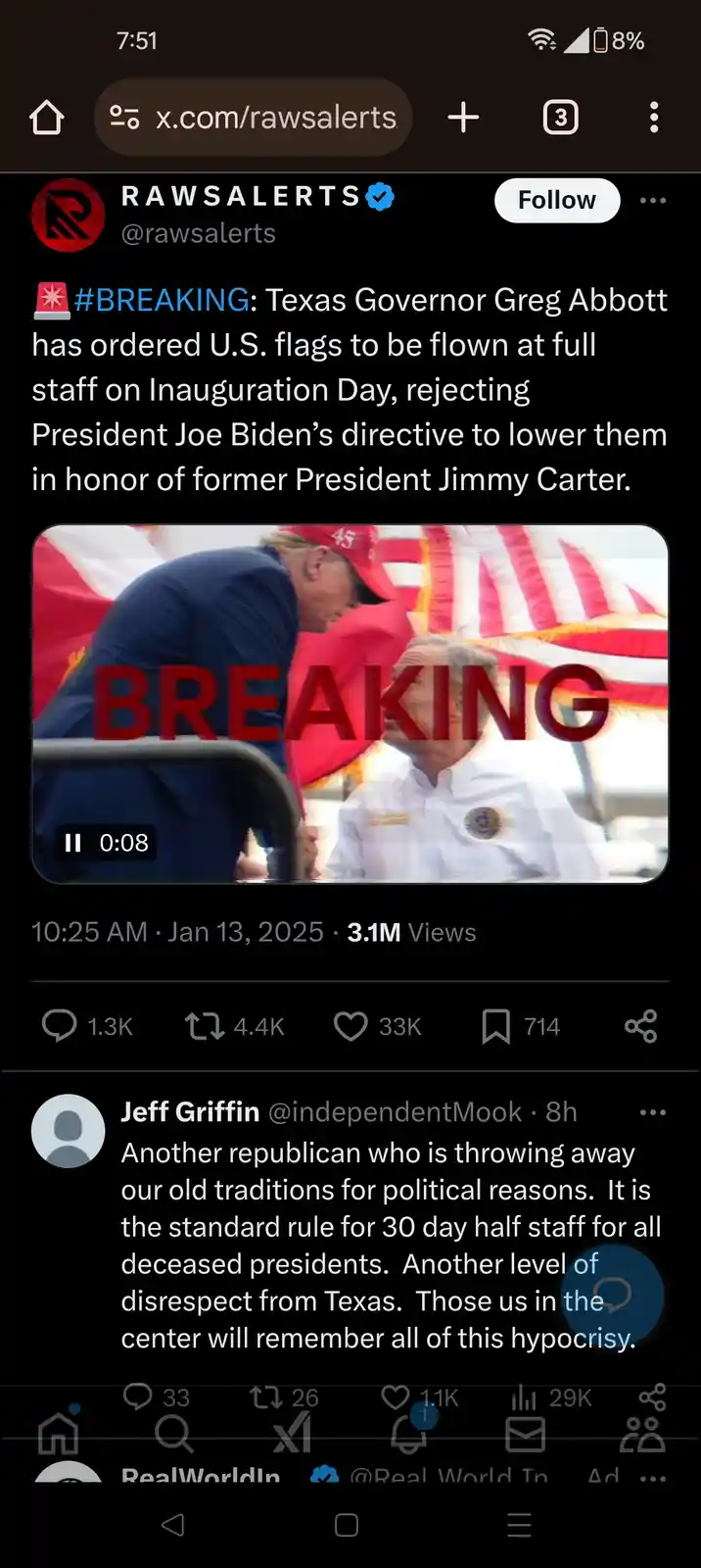 A screenshot of an x.com post from @rawsalerts shows a video thumbnail with two men, one in a red '45' cap and another in a…