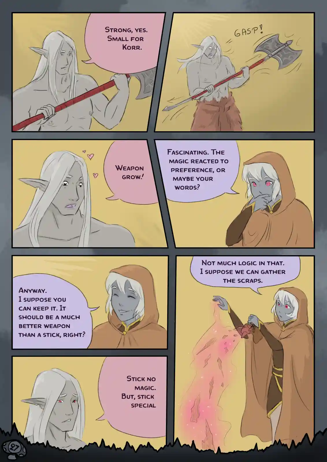 A six-panel comic strip shows an elf-like character holding a small axe, which magically grows larger when they say 'weapon…