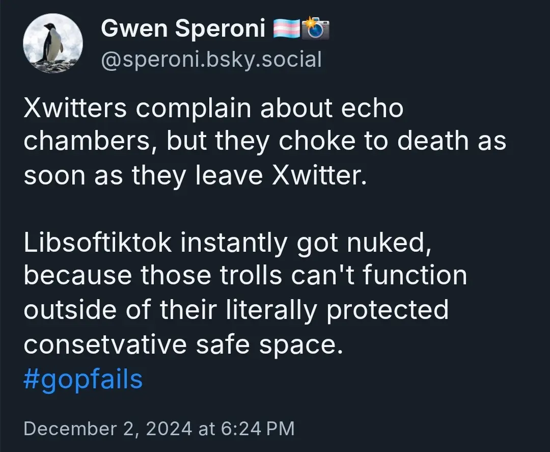 A screenshot of a social media post by Gwen Speroni, featuring white text on a dark background. The post criticizes users of…