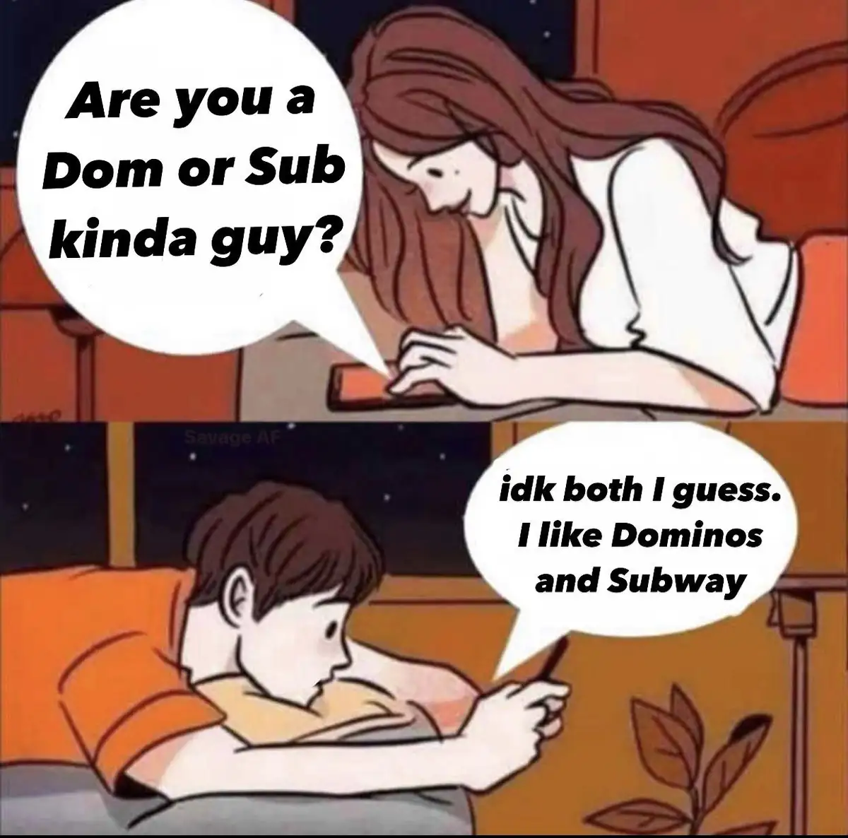 A two-panel comic shows a woman asking a man if he's a Dom or Sub, to which he replies he doesn't know but likes both…