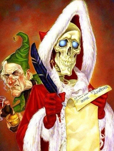 A stylized, dark fantasy illustration depicts a skeletal Santa Claus with glowing blue eyes, wearing a traditional red and…