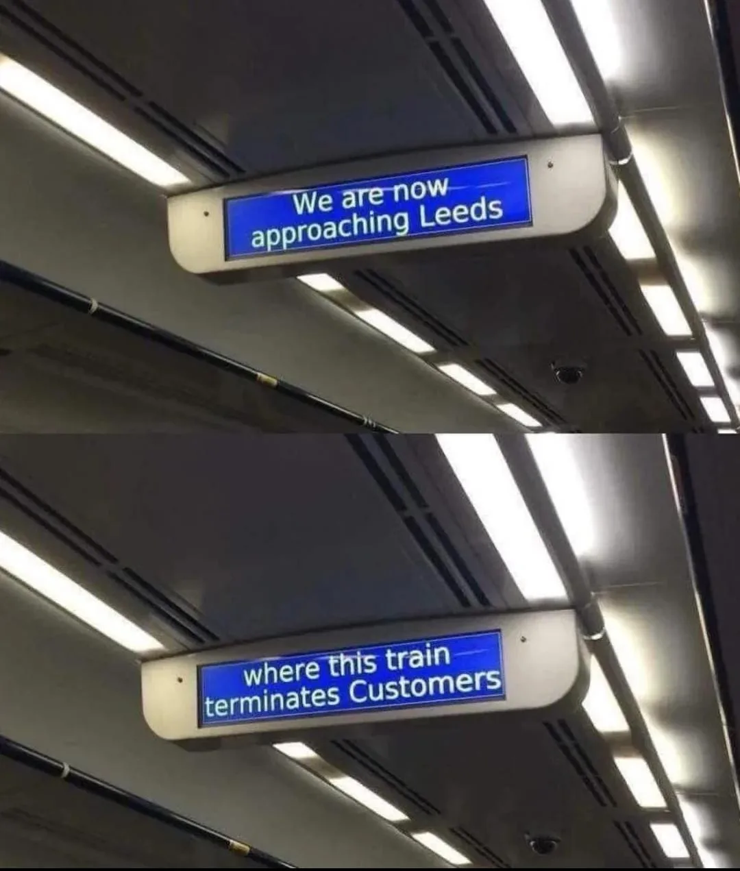 Two images show a train's overhead digital sign. The top image reads 'We are now approaching Leeds'. The bottom image reads…