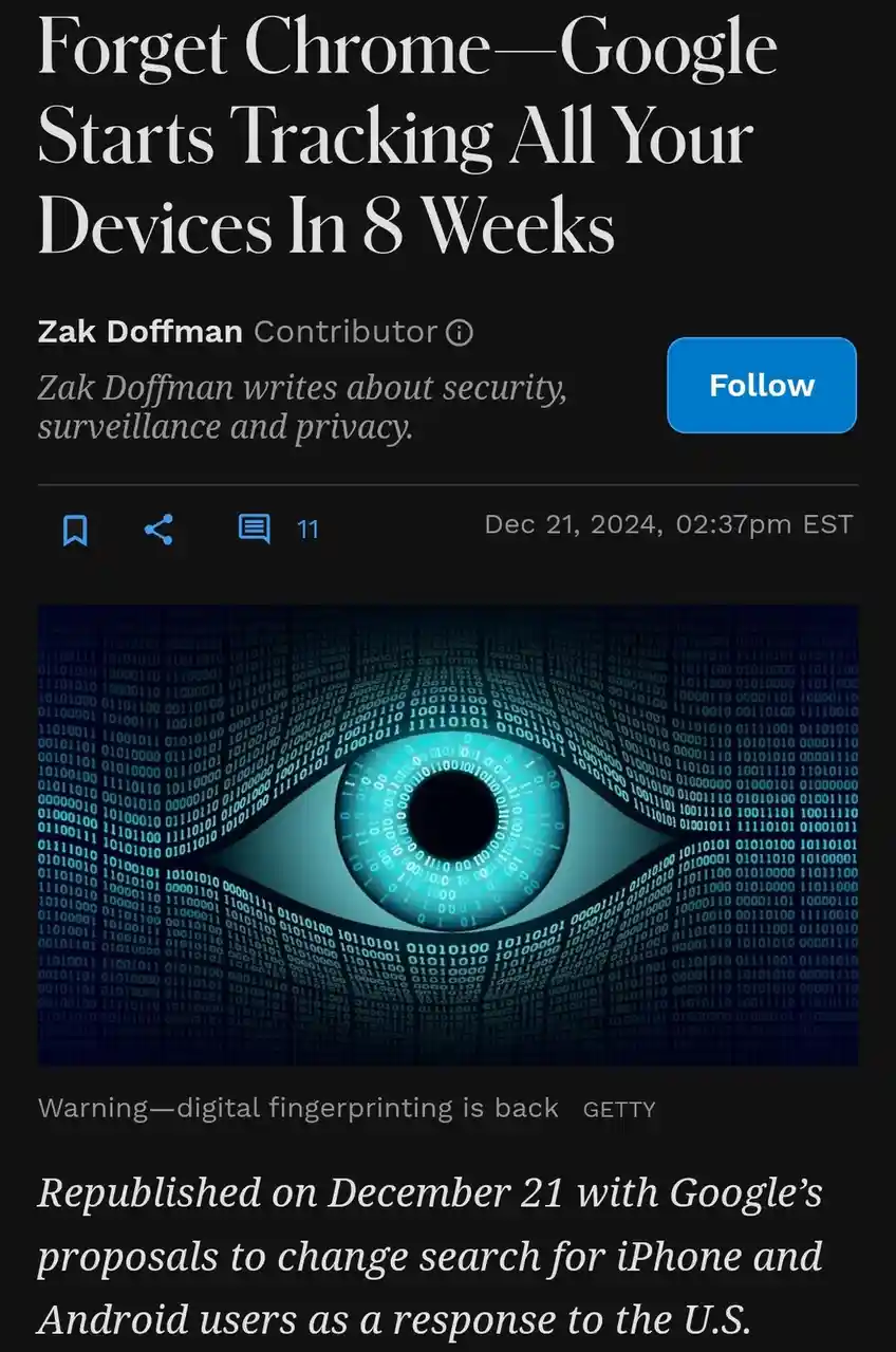 An article screenshot with a headline about Google tracking devices, overlaid with a large digital eye graphic made of…