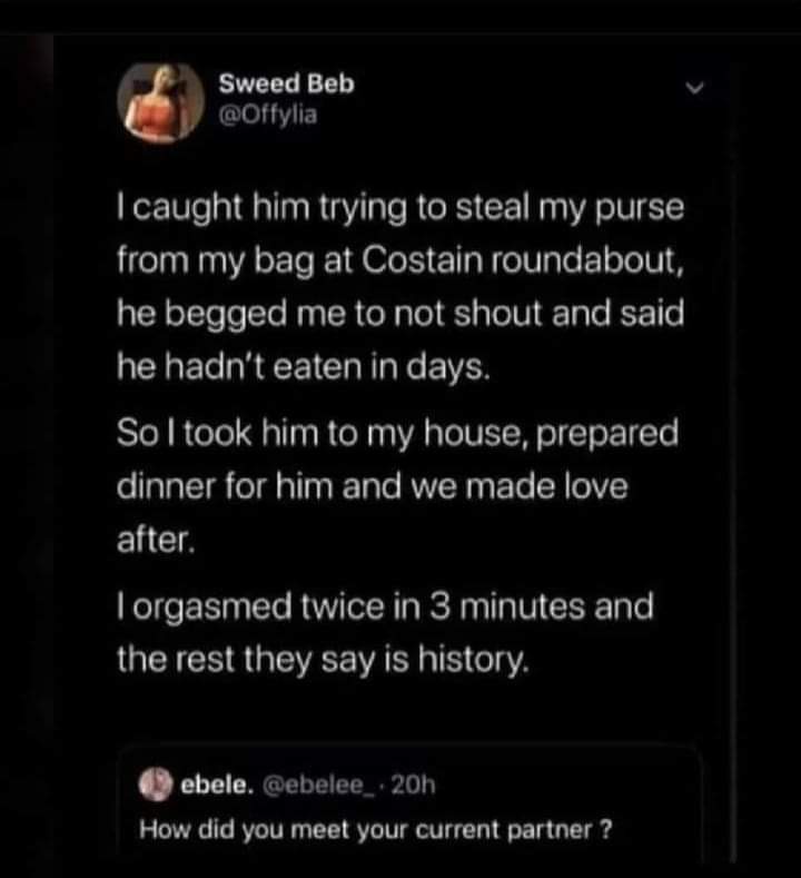 A screenshot of a Twitter post by user 'Sweed Beb' (@Offy lia) detailing how she met her partner: she caught him trying to…
