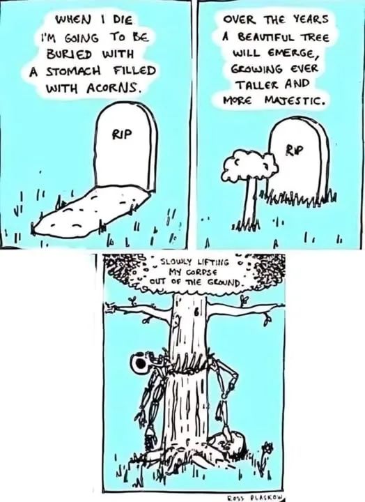 A three-panel comic strip shows a tombstone with text about being buried with acorns, then a tree growing from it, and…