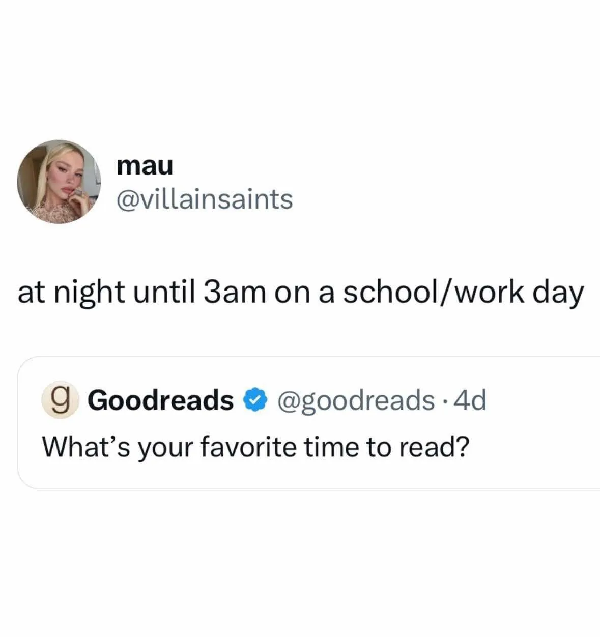 A screenshot of a Twitter thread shows user 'mau' replying to a Goodreads poll asking 'What's your favorite time to read?'…