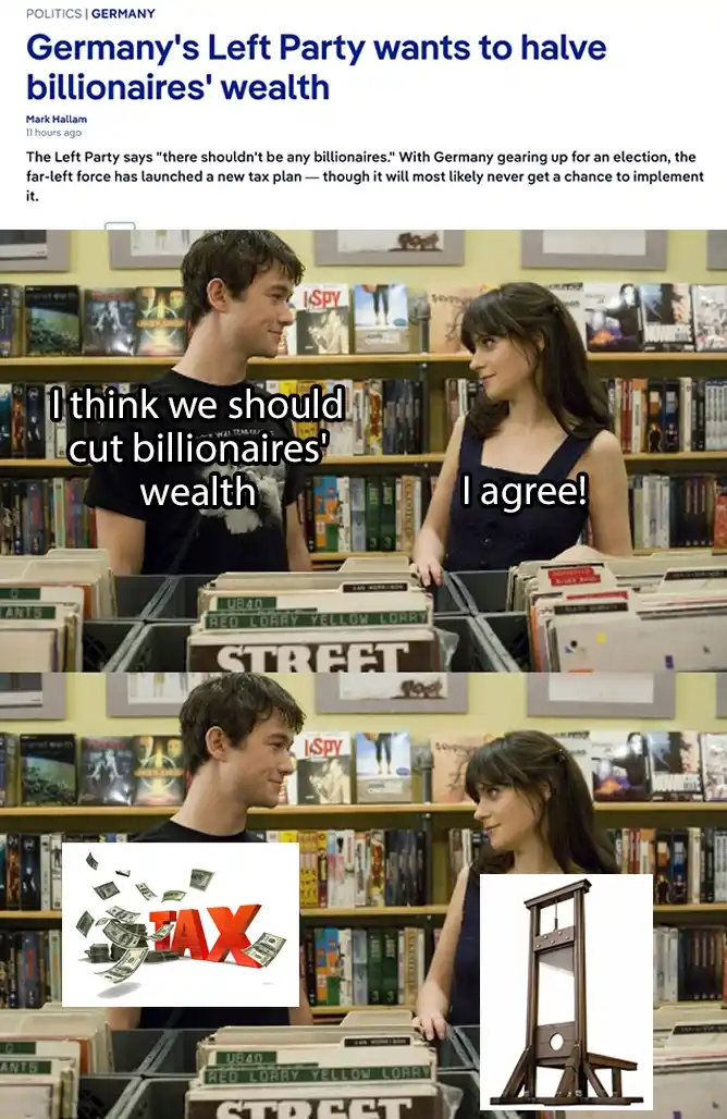 A meme image shows two people in a video store discussing cutting billionaires' wealth, with the top half showing them…