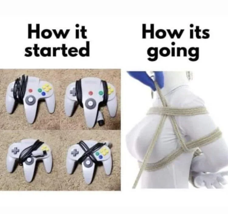 The image is split into two panels. Left: Four Nintendo GameCube controllers with their cables wrapped around them in…