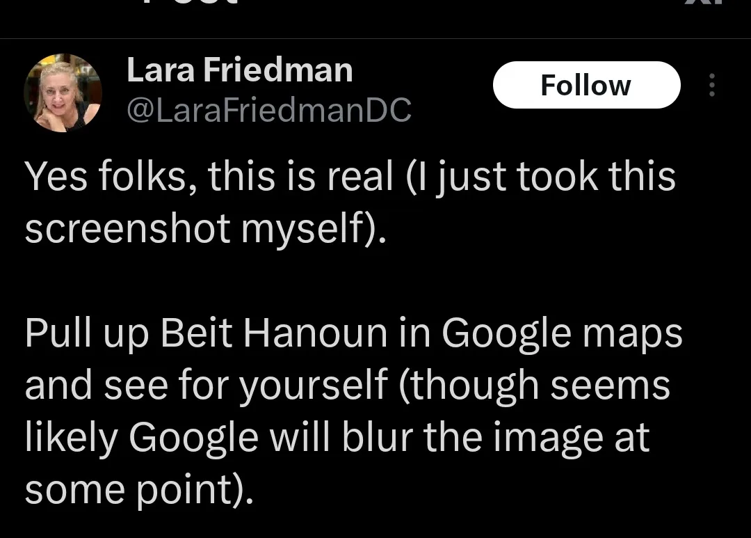 A screenshot of a tweet by Lara Friedman (@LaraFriedmanDC) with her profile picture and a 'Follow' button visible. The tweet…