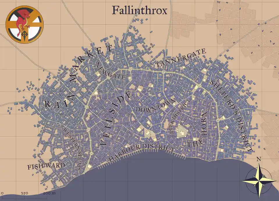 A stylized fantasy map of the city of Fallinthrox, showing districts like Market, Downtown, and Fish Ward with a compass…