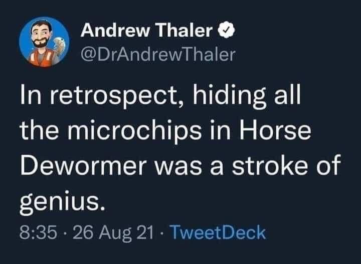 A screenshot of a tweet by Andrew Thaler (@DrAndrewThaler) with a dark background and white text. The tweet reads: 'In…
