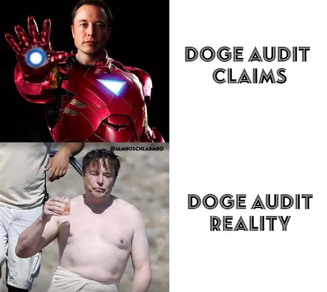 The image is split into two panels. The top panel shows Elon Musk in a red Iron Man suit with a glowing palm repulsor…